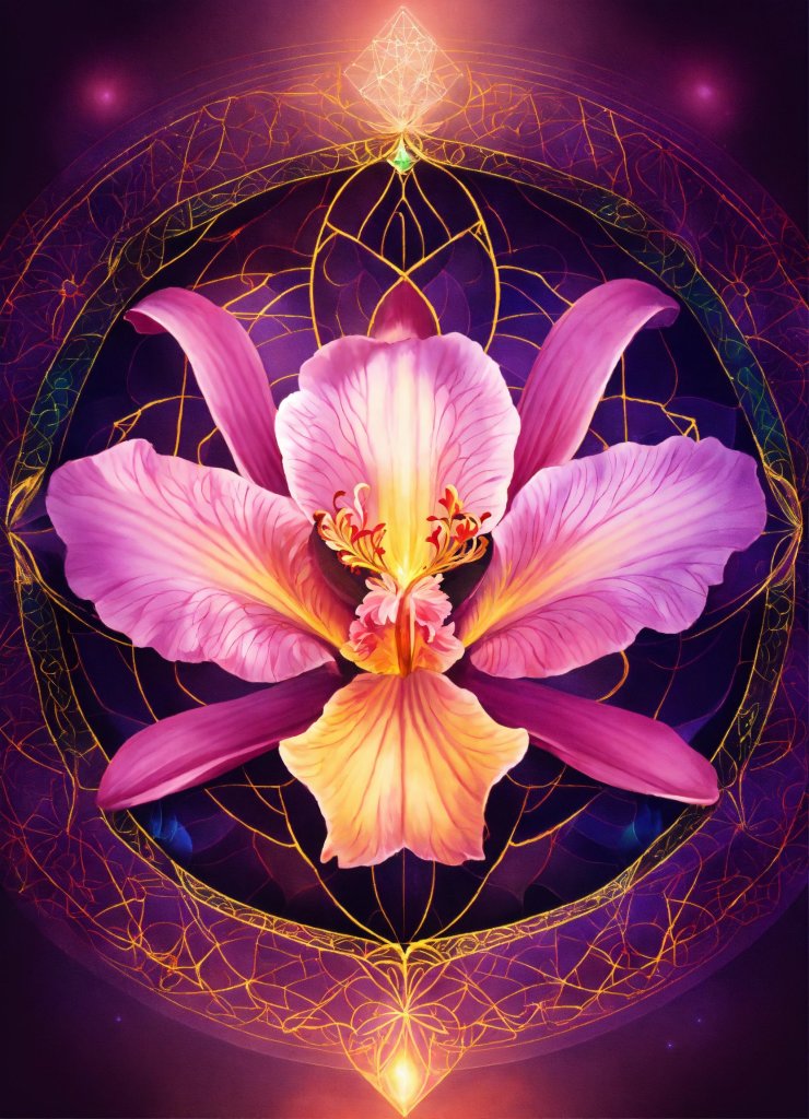 Fleur de orchidée symbole spirituel, adn, connected to other universes, to the invisible worlds, pastel colors, shinning light, sacred geometry